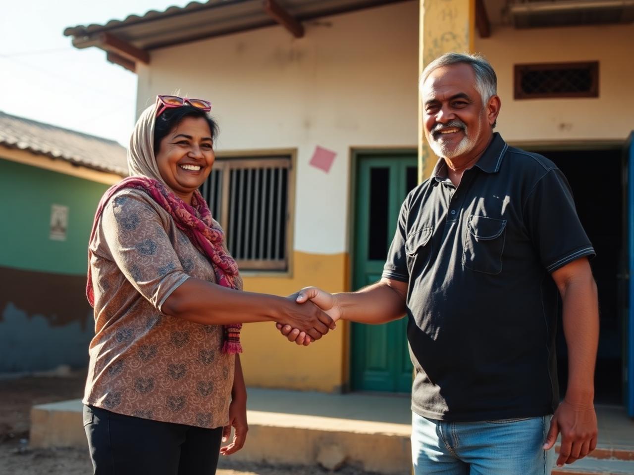 Aperto de mãos entre lideranças comunitárias em frente a um centro cultural